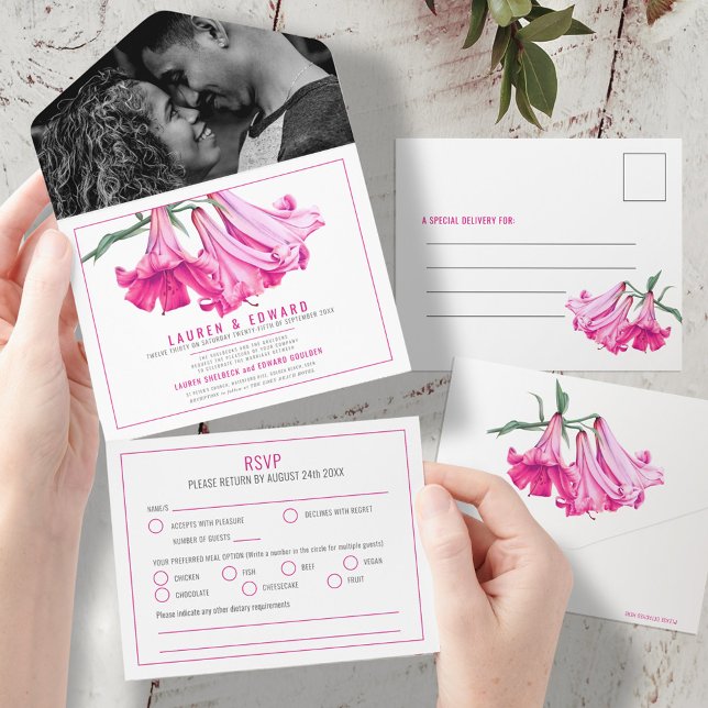 Lily botaniskt konst rosa bröllop RSVP-alternativ (Skapare uppladdad)