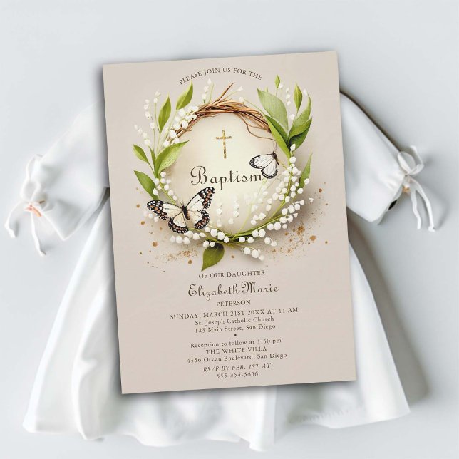 Lily Butterflies Kor Wandeand Elegant Girl Baptism Inbjudningar (girl baptism invitation whimsical butterflies lily valley watercolor elegant formal magical classy)