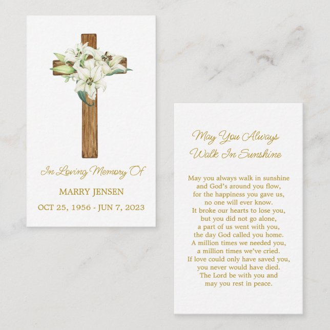 Lily Cross Memorial Funeral Prayer Card Visitkort (Fram/baksida)