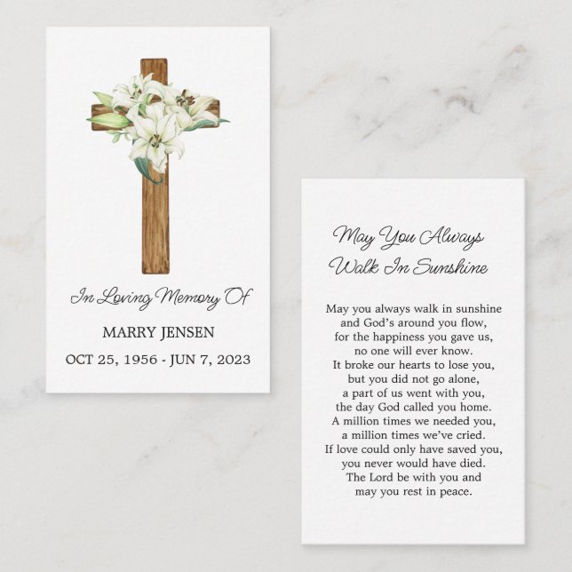 Lily Cross Memorial Funeral Prayer Card Visitkort (Fram/baksida)