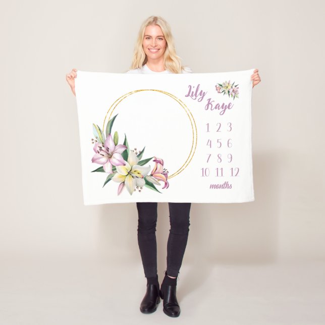 Lily Flicka Milestone Blanket, Lily Flower Baby Fleecefilt (På plats)