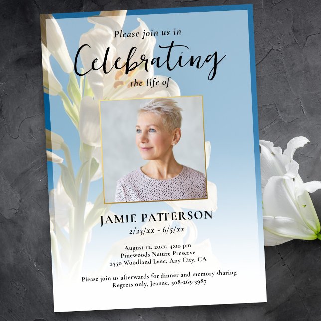 Lily Flower Livets Firande Foto Begravning Inbjudningar (Skapare uppladdad)