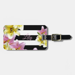 Lily Flowers Black and White Stripe Mönster Bagagebricka