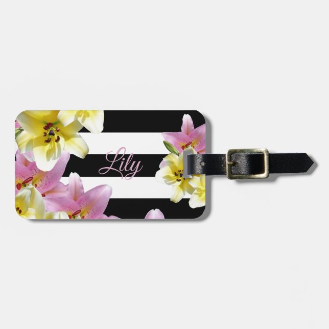 Lily Flowers Black and White Stripe Mönster Bagagebricka (Horisontell Framsida)