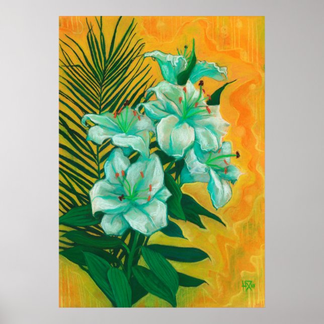Lily Flowers Handflatan Löv, Vår Blommigt Art Pain Poster (Framsidan)
