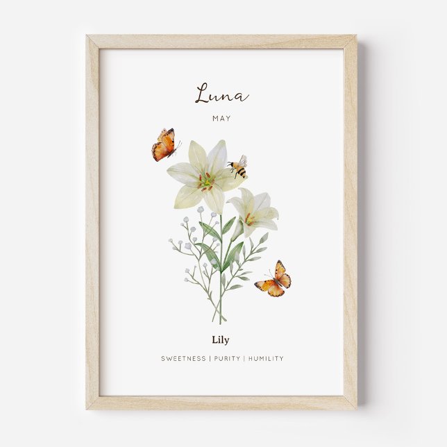 Lily Födelsemånad Blomster Affisch (Example of lily birth flower poster once framed. )