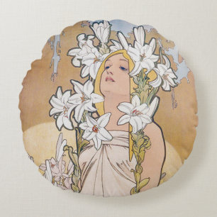 Lily (Four Flowers), Alphonse Mucha Dekorativ kudd Rund Kudde