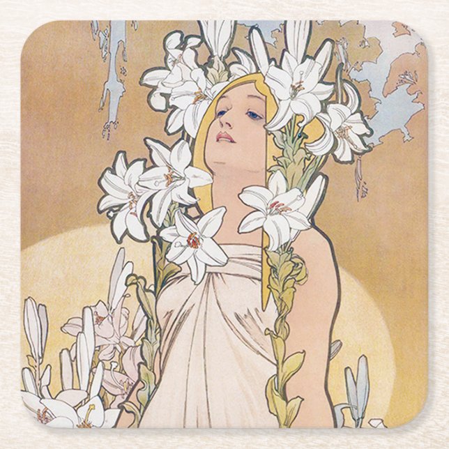 Lily (Four Flowers), Alphonse Mucha Underlägg Papper Kvadrat (Framsidan)