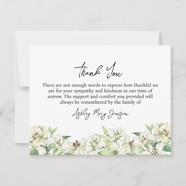 Lily Funeral Thank You Note Card Bereavement Tack Kort (Framsida)