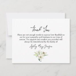 Lily Funeral Thank You Note Card Bereavement Tack Kort
