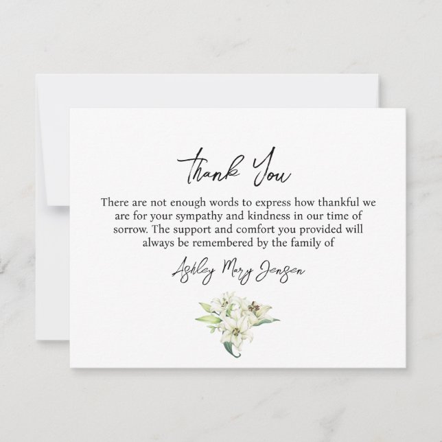 Lily Funeral Thank You Note Card Bereavement Tack Kort (Framsida)