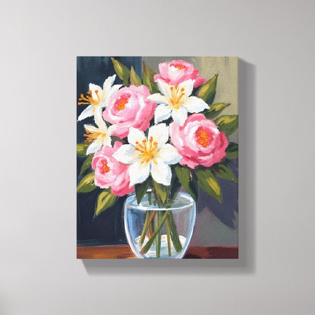Lily- och rosbukett | Blomkruka i akvarell Canvastryck (Framsida)