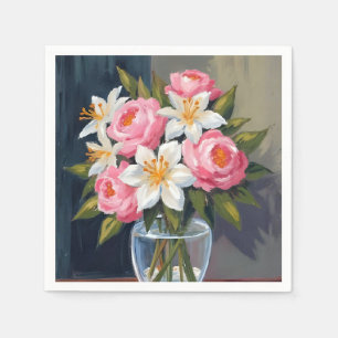 Lily- och rosbukett Blomkruka i akvarell Pappersservett