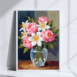 Lily- och rosbukett Blomkruka i akvarell Poster