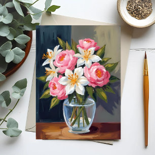 Lily- och rosbukett Blommig akvarellvas Vykort