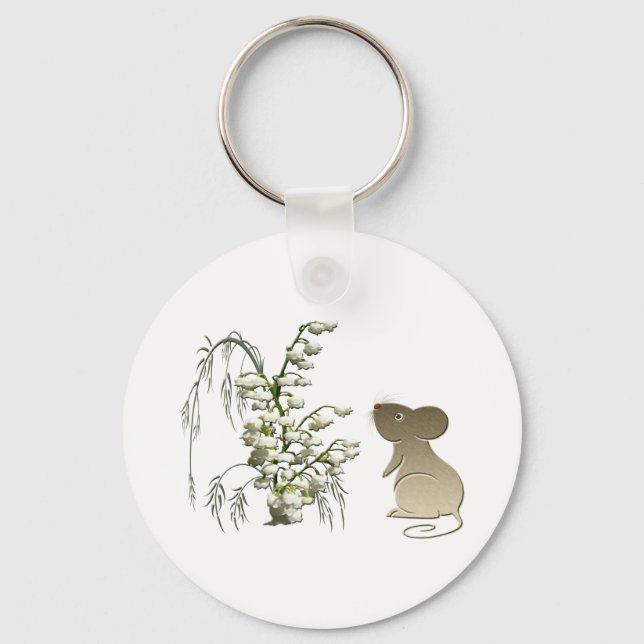 Lily of the Valley and Cute Mouse art Nyckelring (Framsida)