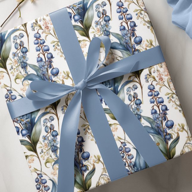 Lily of the Valley and Hawthorn Blommönster Presentpapper (Elegant Maximalist Lily of the Valley and Hawthorne Floral Wrapping Paper)