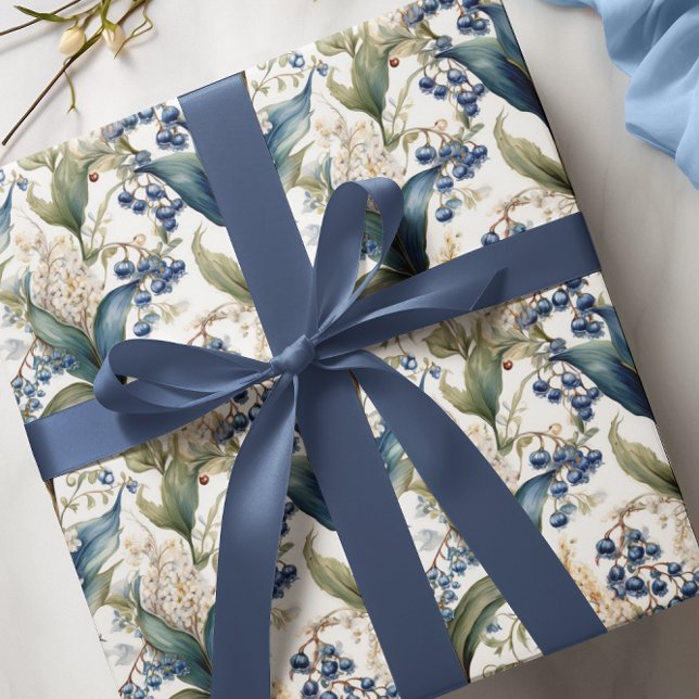 Lily of the Valley and Hawthorn Blommönster Presentpapper (Elegant Maximalist Lily of the Valley and Hawthorne Floral Wrapping Paper)