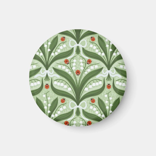 Lily of the valley and ladybugs symmetry in grönt, magnet (Framsidan)