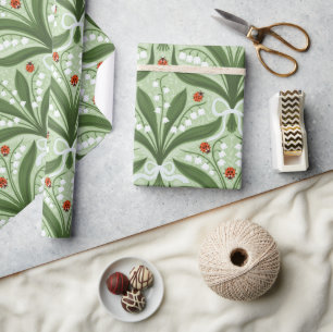 Lily of the valley and ladybugs symmetry in grönt, presentpapper