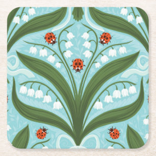 Lily of the valley and ladybugs symmetry in grönt, underlägg papper kvadrat