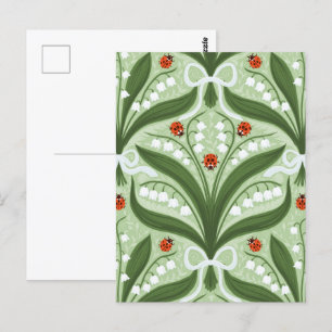 Lily of the valley and ladybugs symmetry in grönt, vykort