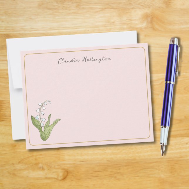 Lily of the Valley Blommigt Botanical Girly Rosa Anteckningskort (A girly pink background and my hand-painted Lily of the Valley make this flat card charming.)