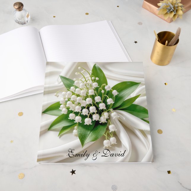 Lily of the Valley Bröllop Bouquet on White Satin Gästböcker (Framsidan öppen)