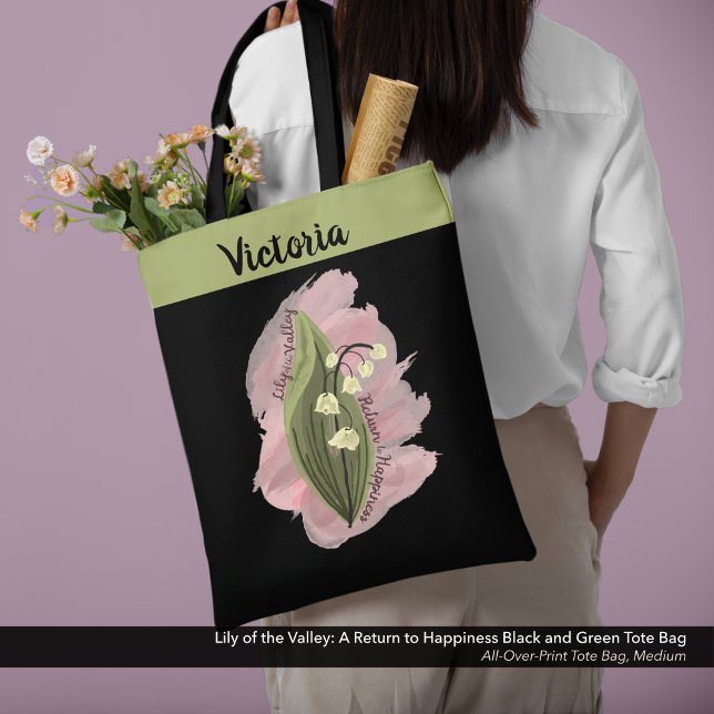 Lily of the Valley Happiness Personlig Black Tygkasse (Lily of the Valley Happiness Personalized Black and Green Tote Bag)
