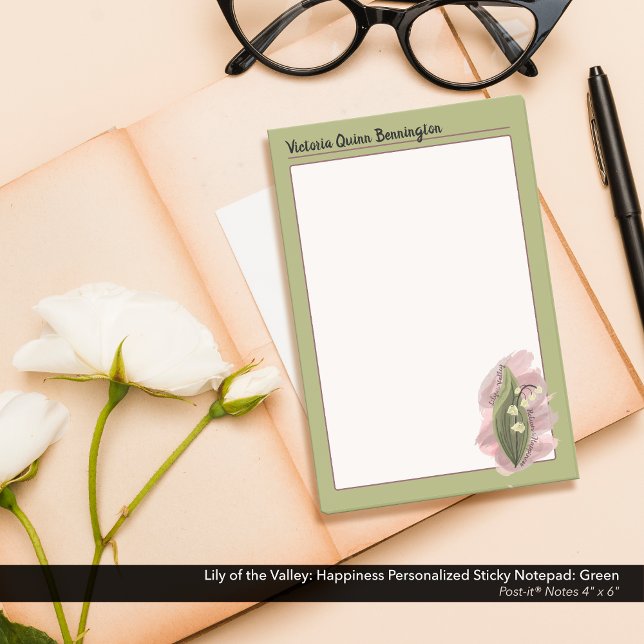 Lily of the Valley Happiness Personlig Grönt Post-it Block (Lily of the Valley: Watercolor Look, Personalized Green  Post-it®Notes)