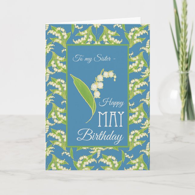 Lily-of-the-Valley May Birthday Card, Blue: Sister Kort (Framsida)