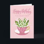 Lily of the Valley Tekopp 29 Birthday Friend Kort<br><div class="desc">En liten rosa te kopp fylld med ett vackert gäng liljor från dalen,  tillsammans med handskriften ord Grattis på födelsedagen på kortets överkant och handskriften ord 29 i dag med kärlek hjärtan på te kopp. Ett sött födelsedagskort för din vän som fyller 29 i dag.</div>