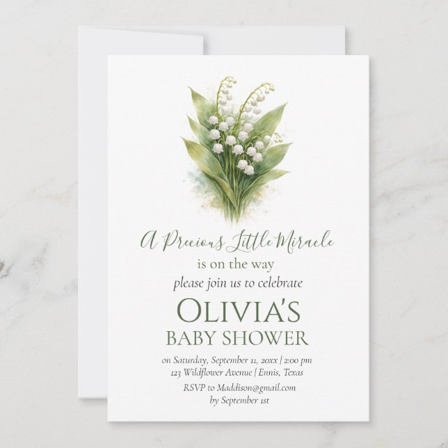 Lily of the Valley Vit Blommig Bebis Shower Inbjudningar (Framsida)