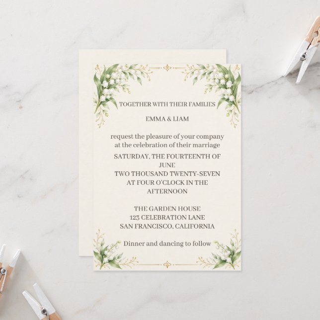 Lily of the Valley Wedding Invitation Inbjudningar (Fram/Back In Situ)