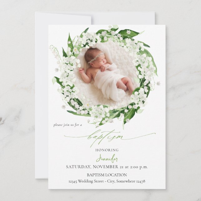 Lily of the Valley White Blommigt Baptism Inbjudningar (Framsida)