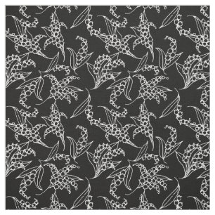 Lily-of-the-Valley White Outlines on Black Blommig Tyg