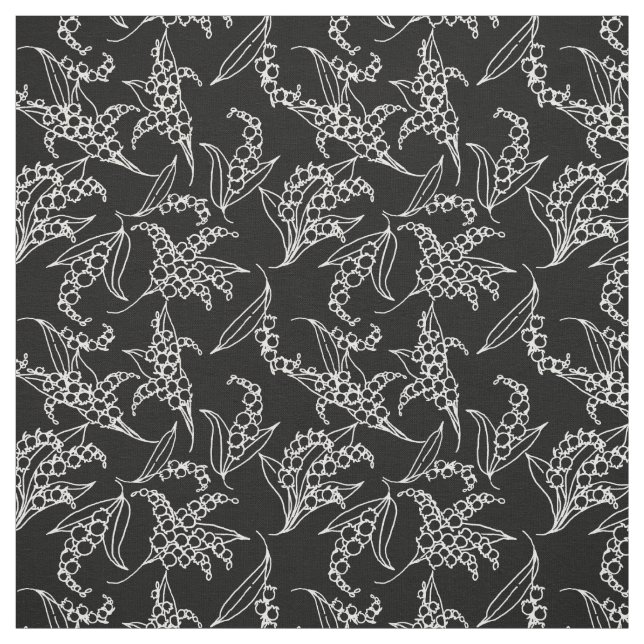 Lily-of-the-Valley White Outlines on Black Blommig Tyg (Provkarta)