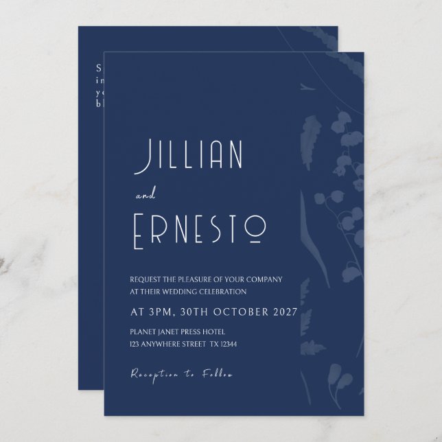 Lily of Valley || Djupt blått fast med Fäst Kant Inbjudningar (Fram/baksida)