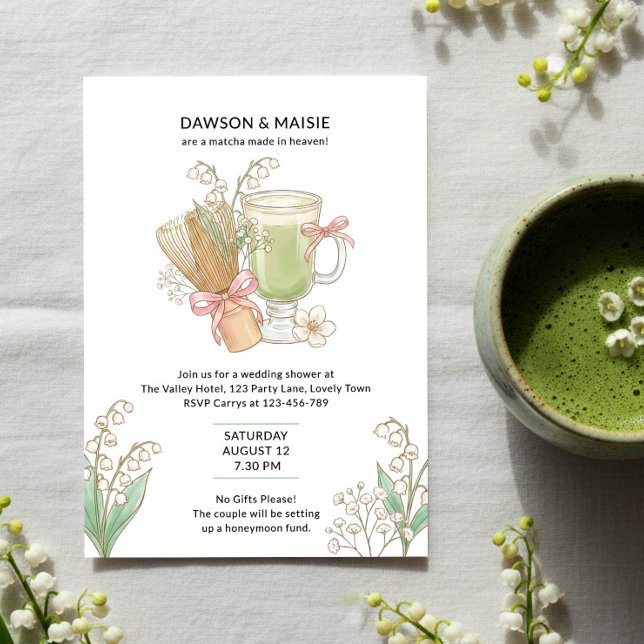 Lily of Valley Matcha Tillverkad i Himmelska Brudp Inbjudningar (Matcha made in Heaven couples wedding shower with matcha, pink bows and lily of the valley)