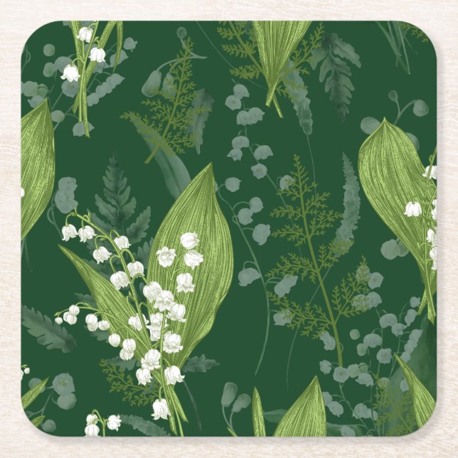 Lily of Valley med Ferns || Mörk grönt icke-Anpass Underlägg Papper Kvadrat (Framsidan)