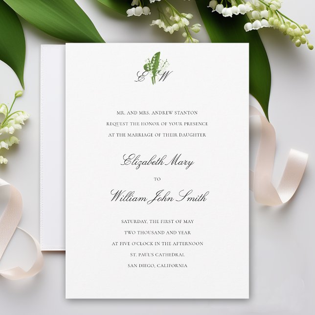 Lily of Valley Monogram Formal Traditional Bröllop Inbjudningar (lily of the valley wedding invitation formal traditional calligraphy monograms art unique original)