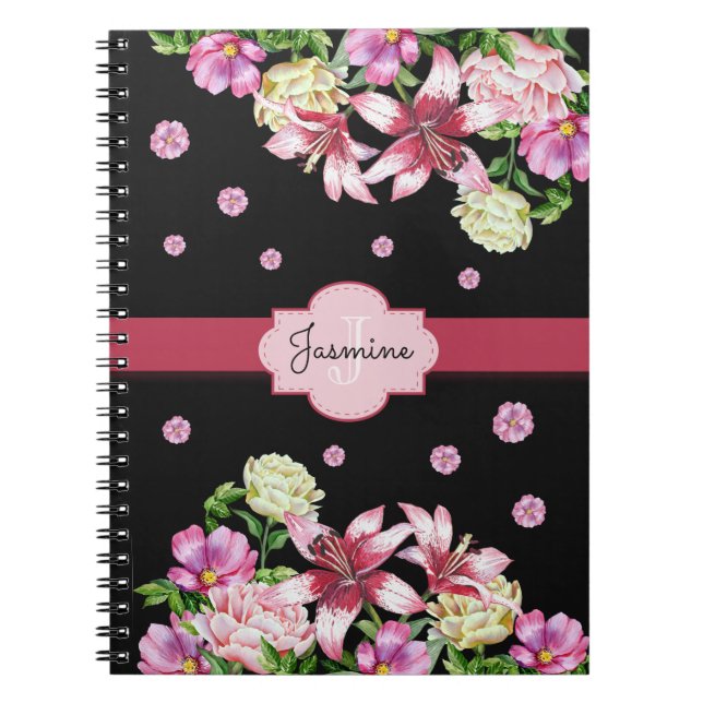 Lily & Peony Blommigt Black Anteckningsbok Med Spiral (Framsidan)