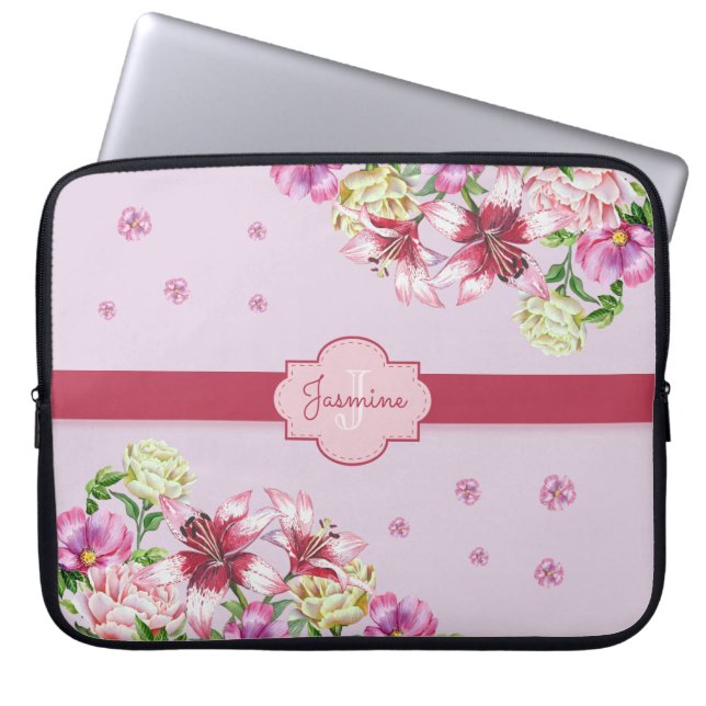 Lily & Peony Blommigt Lila Laptop Fodral (Framsidan)