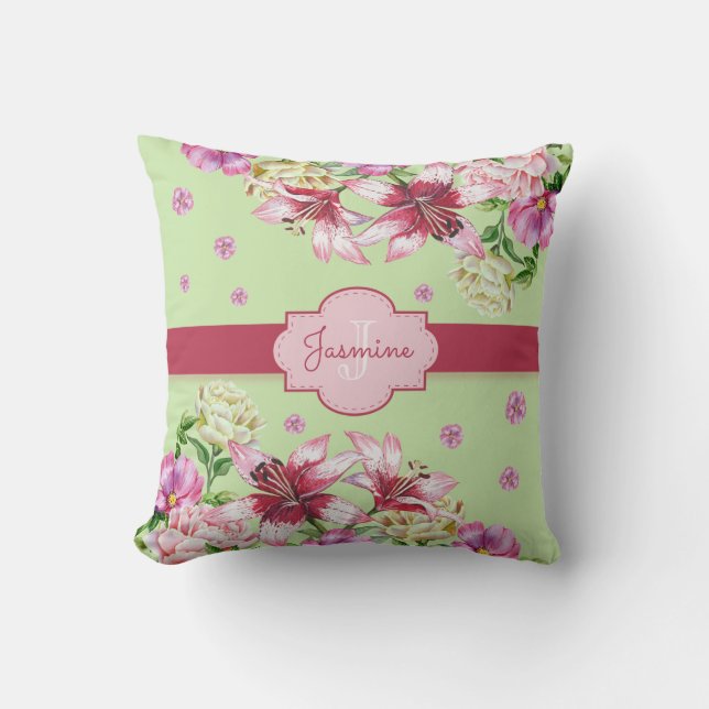Lily & Peony Blommigt Mint Kudde (Framsida)