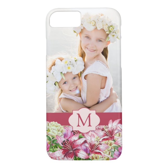 Lily Peony Blommigt Monogram Photo Case-Mate iPhone Skal (Baksida)