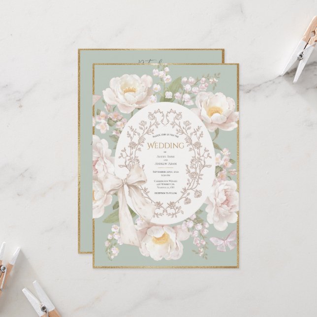 Lily Peony Floral Vintage Budget Wedding Inbjudningar (Fram/Back In Situ)