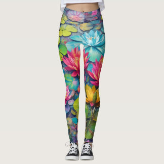 Lily Pond Blommigt Leggings - Elegant Vatten Lily
