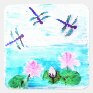 Lily Pond Painting Dragonfly Fyrkantigt Klistermärke