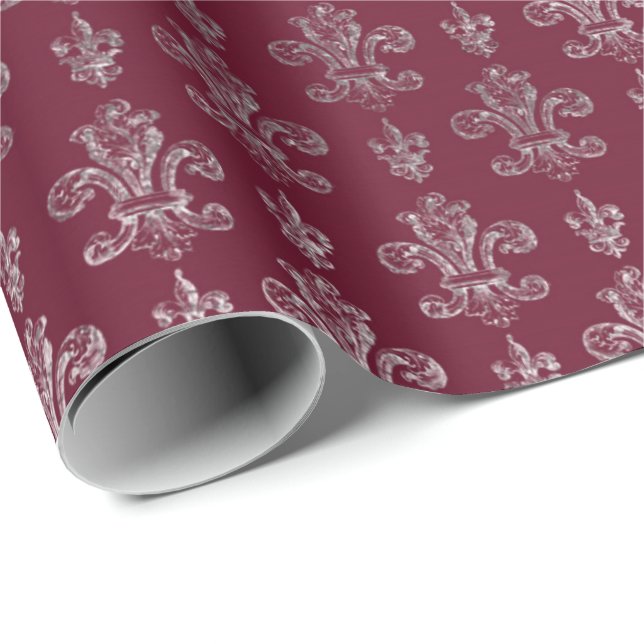 Lily Royal Damask Maroon Burgundy Silver Presentpapper (Rullad Hörn)
