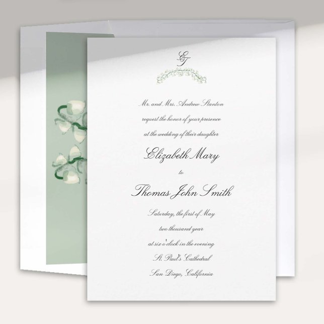 Lily Valley Arch-skript Formal Traditional Bröllop Inbjudningar (lily valley formal classic wedding invitation card watercolor arch crest monograms calligraphy)
